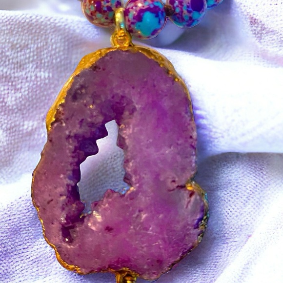 IMPERIAL JASPER NECKLACE W AMETHYST DRUZE/GOLD  PENDANT - Picture 7 of 8